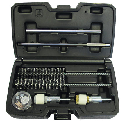 A set of metal brushes and cleaning tools for cleaning injector seats, displayed in an open black case.