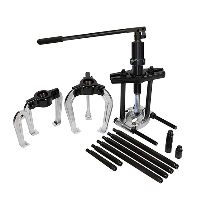 Hydraulic puller and separator kit with with a special extra travel hydraulic ram.