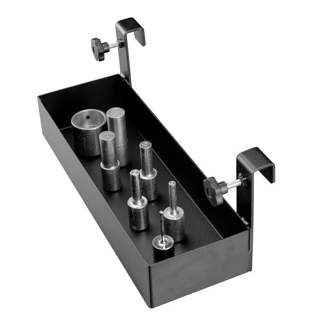 A black universal tray for presses with multiple adjustment knobs and metal press pieces shown are not included.