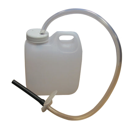 White plastic container with hose and black valve on a white background