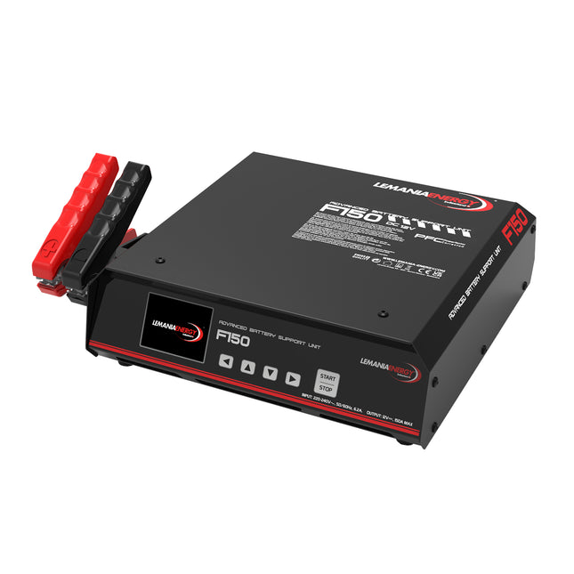 A black battery support unit with red and gray accents, featuring a backlit LCD display and attached copper cables.