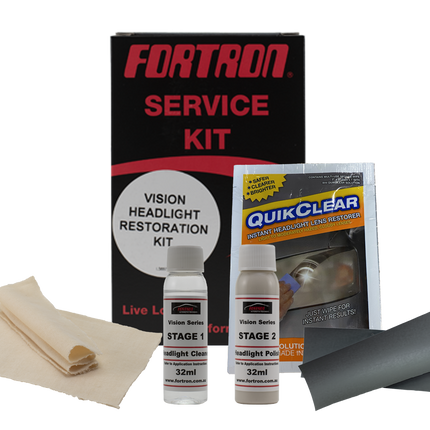 contents of FHRKIT Headlight cleaning kit, including 2 bottles of fuilt, a pack of wipes, cloths and scratch